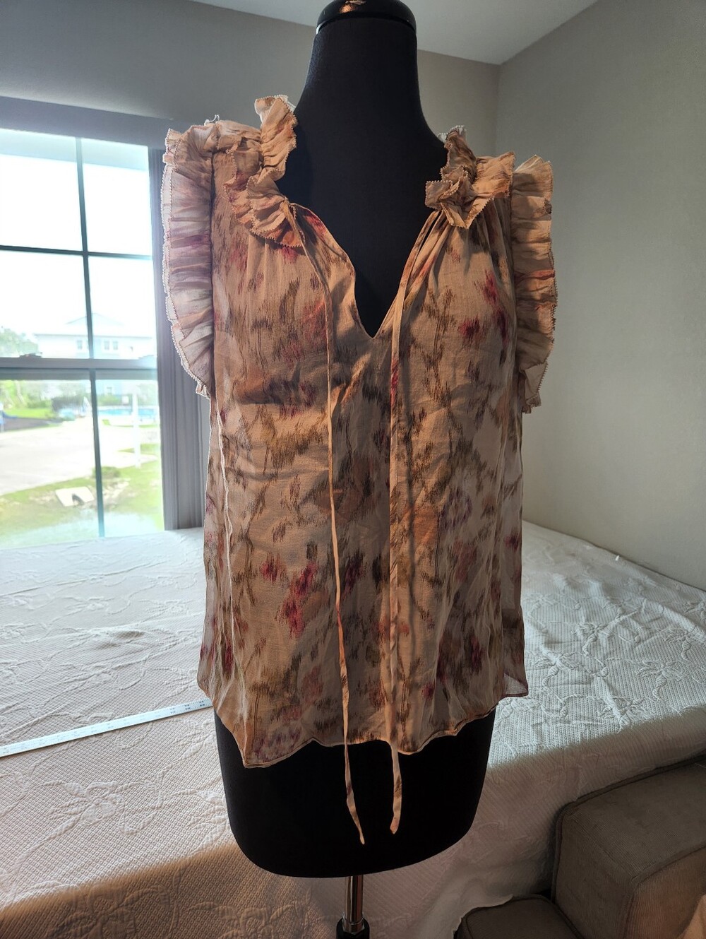 Rebecca Taylor Cream Floral Ruffle Tie-Detail Camisole